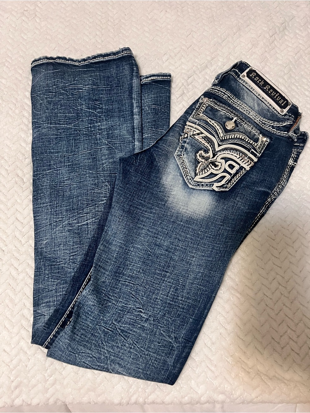 Rock Revival Women's Blue Boot Cut Jeans with Embroidered Pockets